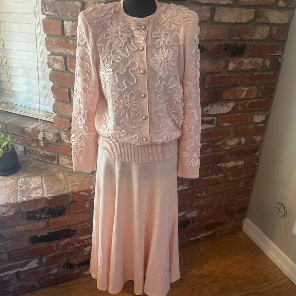 VTG Pink Floral Embroidered Knit Cardigan Sweater & Midi Skirt Set Coquette